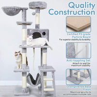 Cat Tree Cat Tower 61" for Indoor Cats, Multi-Level Cat Condo with Hammock & Scratching Posts for Kittens, Tall Cat Climbing Stand with Plush Perch & Toys for Play Rest, Light Grey