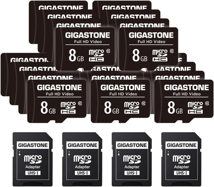 8GB Micro SD Card 20-Pack, Full HD Video, Surveillance Security Cam Action Camera Drone, 80Mb/S Micro SDHC Class 10, with Adapters
